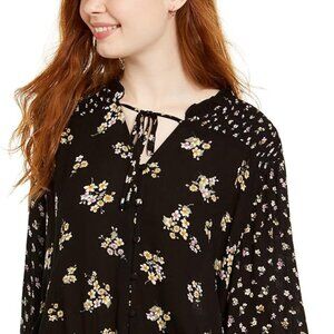 Hippie Rose Women Black Smocked Floral Long Sleeve Tie Neck Blouse Juniors S